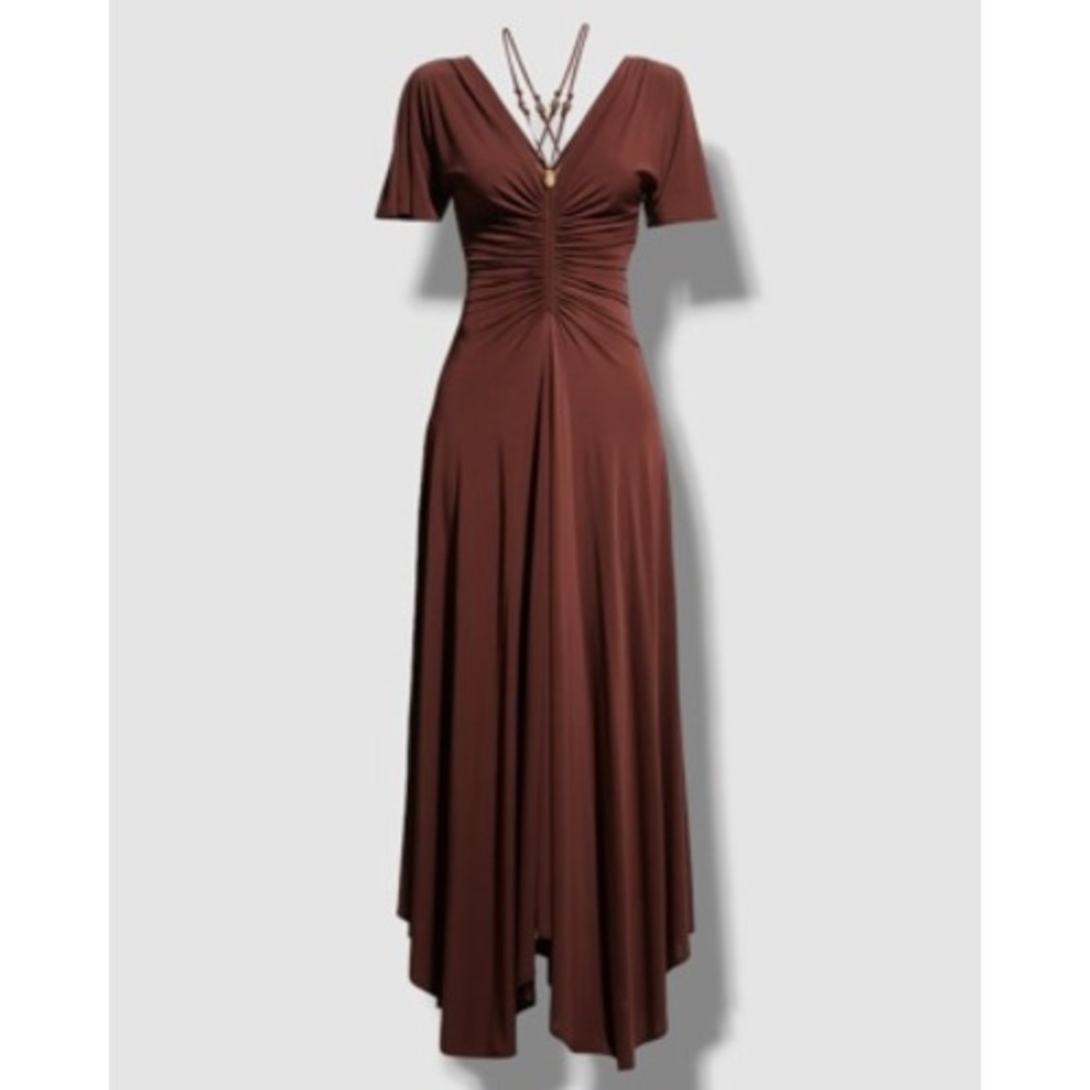 A.L.C. Delfina Ruched V-Neck Midi Dress Brown Boho Open Back Quiet Luxury S a5